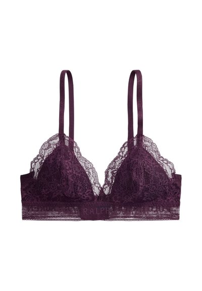 Syvä luumunvärinen pitsirintaliivit, joissa on aaltoilevat reunat, säädettävät satiinilenkit ja teksturoitu nauha, jossa on tuotemerkin nimi "Ralph Lauren".