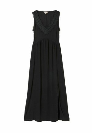 Schwarzes ärmelloses Maxikleid mit tiefem V-Ausschnitt und Spitzenbesatz sowie einem Schlitz an der Seite, das eine geraffte Taille für eine fließende Silhouette bietet.