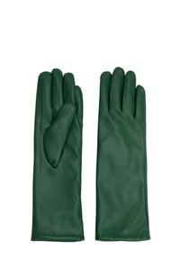 Grüne Lederhandschuhe mit glatter Oberfläche, ausgestattet mit einem Drei-Finger-Design und einem Logo, das auf dem Handgelenkbereich aufgedruckt ist.