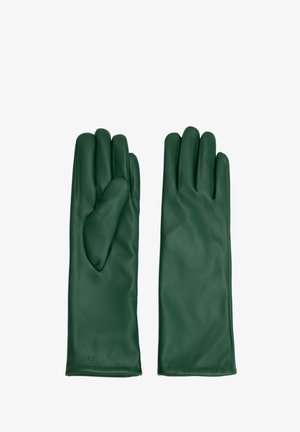 Grüne Lederhandschuhe mit glatter Oberfläche, ausgestattet mit einem Drei-Finger-Design und einem Logo, das auf dem Handgelenkbereich aufgedruckt ist.