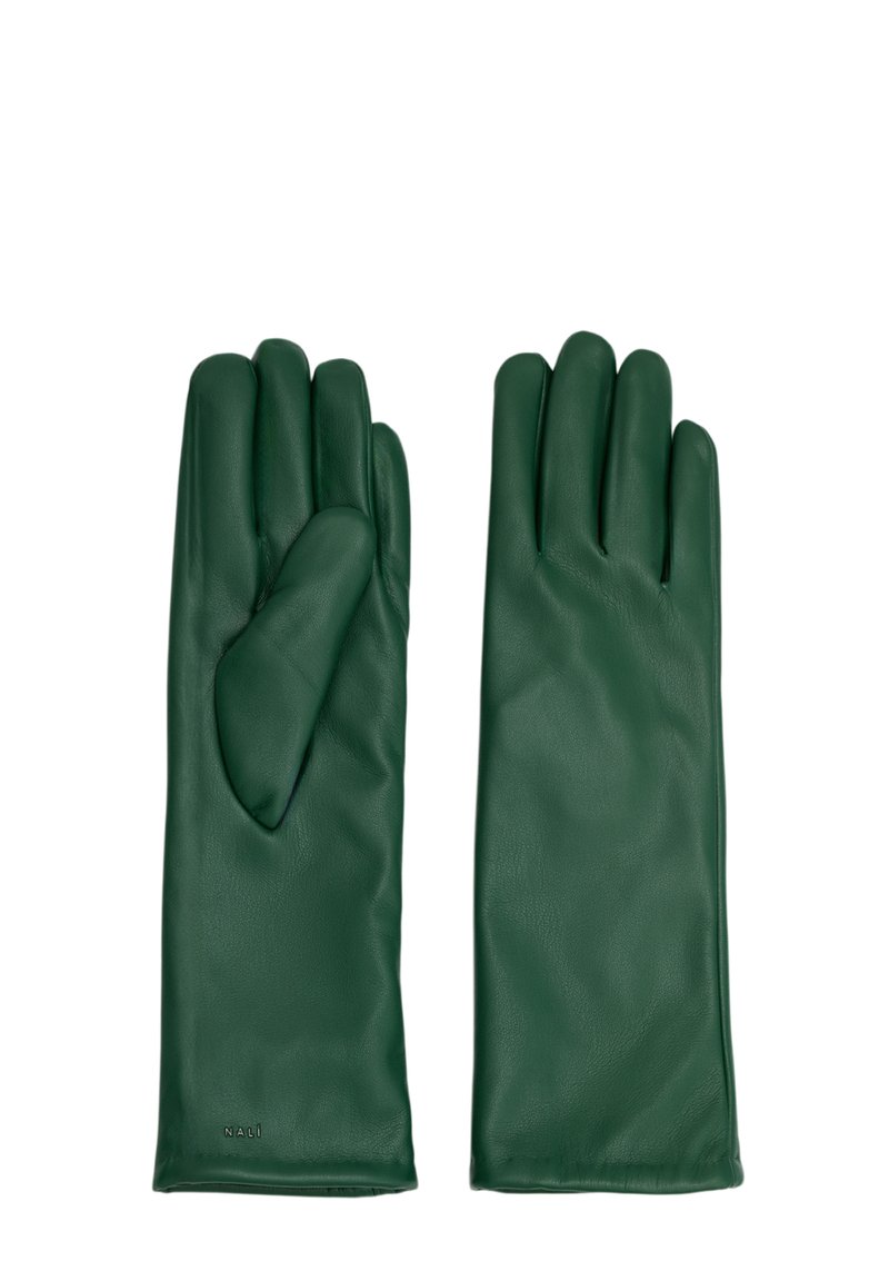 Grüne Lederhandschuhe mit glatter Oberfläche, ausgestattet mit einem Drei-Finger-Design und einem Logo, das auf dem Handgelenkbereich aufgedruckt ist.