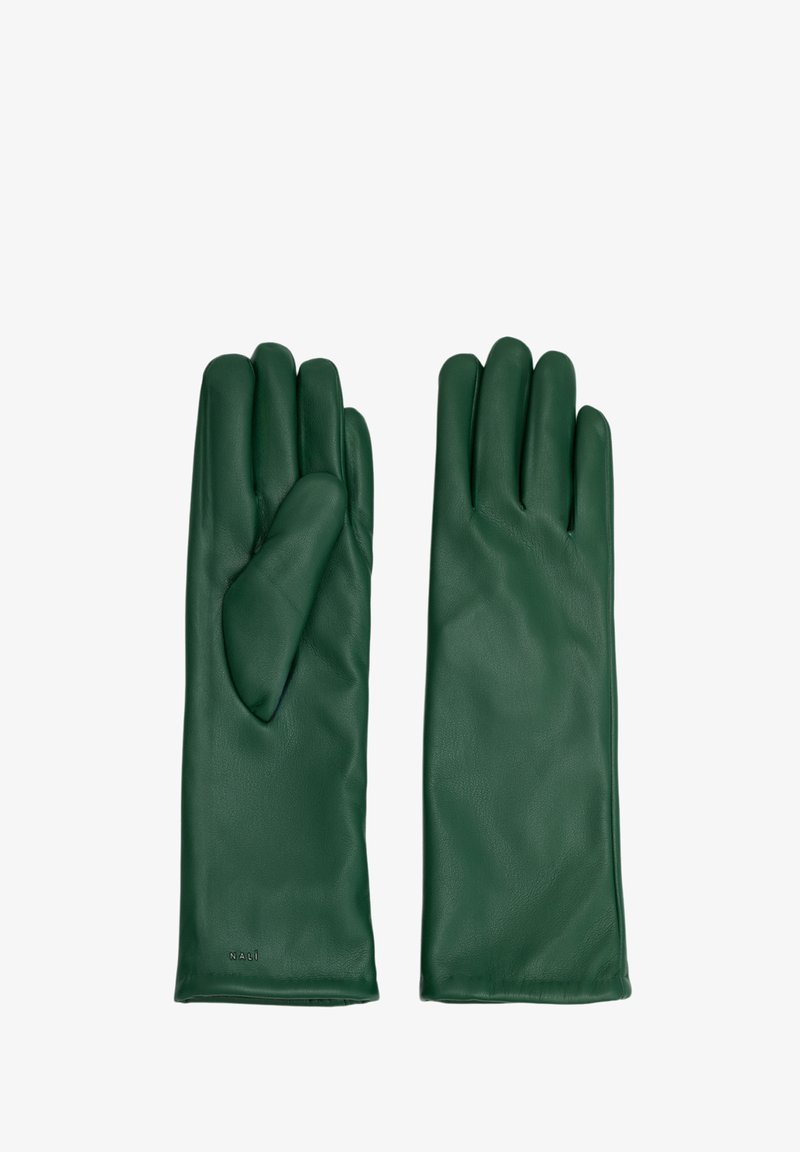 Guanti in pelle verde con una superficie liscia, dotati di un design a tre dita e un logo stampato nella zona del polso.