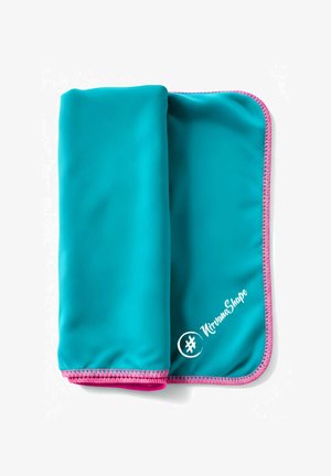 Turquoise fabric towel with pink stitching, featuring a logo in white text. Smooth texture, rectangular shape, folded edges.