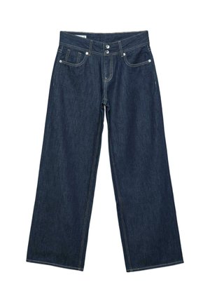 Jeans in denim blu scuro a gamba larga con chiusura a doppio bottone, tasche anteriori e cuciture a contrasto su sfondo bianco.