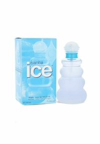 Samba Ice Eau de Toilette för män i en frostad blå glasflaska med rundad kropp och kuppformad lock, tillsammans med en ljusblå låda med text.