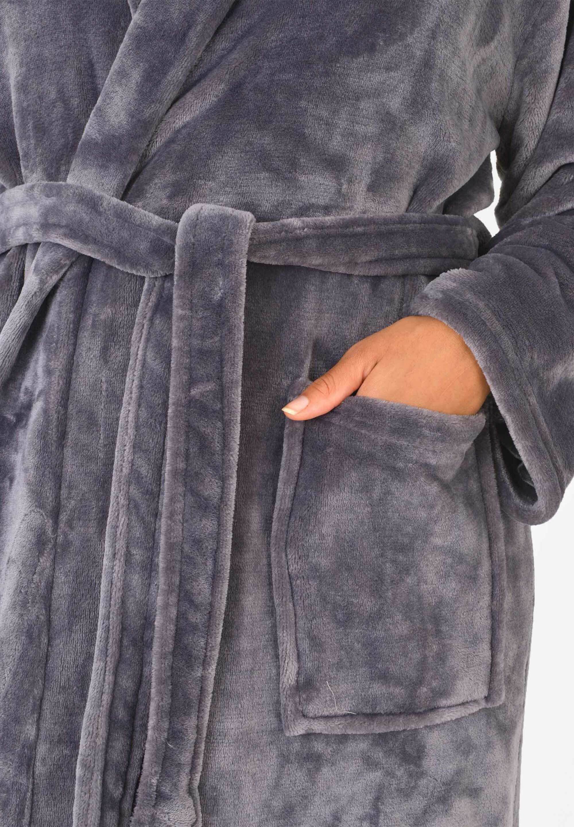 grey fluffy hooded dressing gown