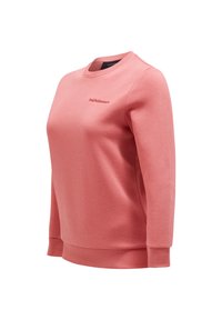 Różowa bluza z miękkiego materiału, z okrągłym dekoltem, ściągaczami w mankietach i u dołu. Na piersi znajduje się małe haftowane logo.