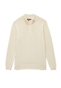 Cremfarbener Strickpullover mit Reißverschlusskragen, gerippten Bündchen und Saum sowie einem lockeren Schnitt ohne sichtbare Muster.