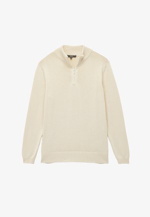 Pull-over en tricot de couleur crème avec un col zippé, des poignets et un ourlet côtelés, et une coupe décontractée sans motifs visibles.