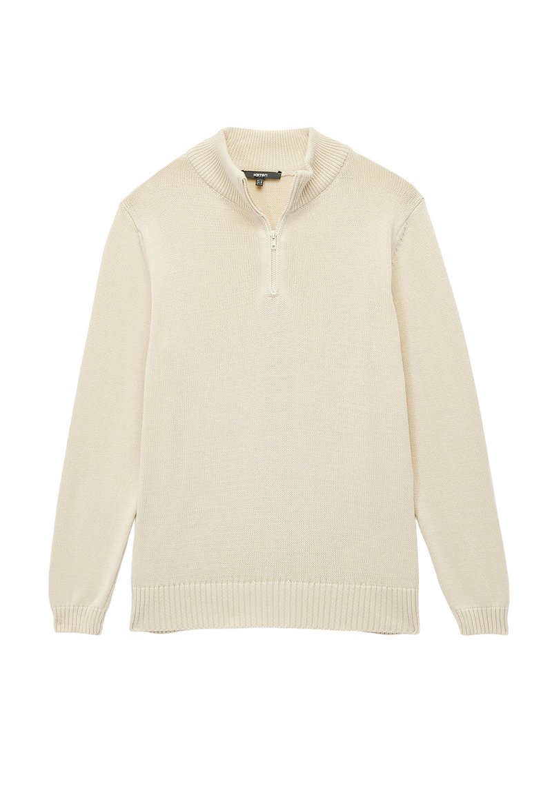 Cremfarbener Strickpullover mit Reißverschlusskragen, gerippten Bündchen und Saum sowie einem lockeren Schnitt ohne sichtbare Muster.