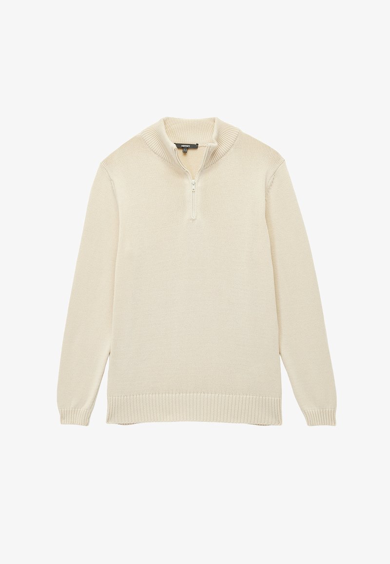 Cremfarbener Strickpullover mit Reißverschlusskragen, gerippten Bündchen und Saum sowie einem lockeren Schnitt ohne sichtbare Muster.