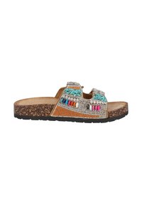 Infradito con perline, con accenti turchesi, rosa e arancioni; suola in sughero marrone; design open toe; parte superiore testurizzata con motivi decorativi.