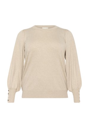 Nude pulloversweater med rund halsringning, sammangjorda axelsömmar och långa ballongärmar med knapppdetaljer vid manschetterna.