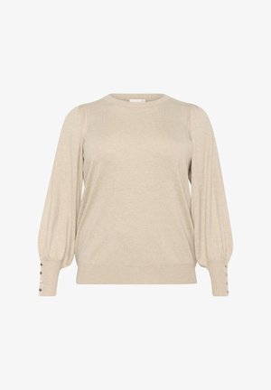 Nude pullover sweater with a round neckline, gathered shoulder seams, and long balloon sleeves featuring button details at the cuffs.