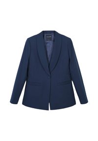 Marineblazer mit tailliertem Design, Reverskragen, einer Knopfverschluss und zwei Fronttaschen; glatte Textur und strukturierte Form.