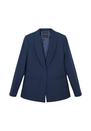 Navy blazer with a fitted design, notched lapels, single button closure, and two front pockets; smooth texture and structured shape.