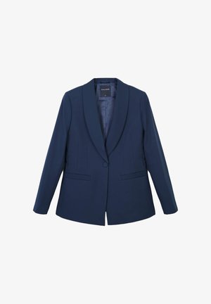 Navy blazer with a fitted design, notched lapels, single button closure, and two front pockets; smooth texture and structured shape.