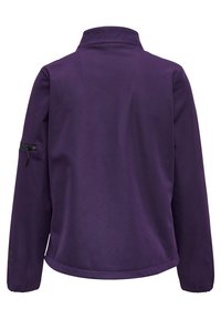 Giacca lunga viola a maniche lunghe con colletto alto e tasca con zip sulla manica sinistra superiore, mostrata dal retro su uno sfondo bianco.