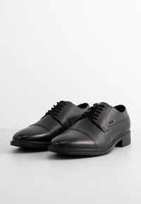 Scarpe eleganti in pelle nera con punta arrotondata, lacci e superficie liscia. Presentano un accento sottile vicino alla caviglia. Tacco basso.