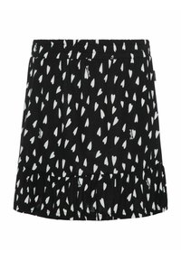 Jupe noire avec un motif en forme de cœur blanc, taille élastique et ourlet volanté. Fabriquée en tissu léger avec une texture douce.