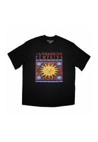 Black cotton t-shirt featuring a vibrant yellow sun graphic surrounded by colorful designs and the text "the Smashing Pumpkins" prominently displayed.