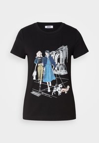 Black cotton t-shirt featuring a graphic print of two figures walking dogs, with details in blue, green, and white. Round neckline, short sleeves.