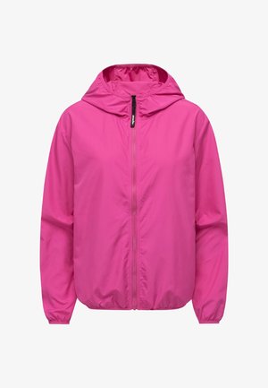 Roosa kerge jope kapuutsiga, ees tõmblukk, elastsed mansetid ja nööriga ääreosa. Valmistatud siledast, veekindlast kangast.