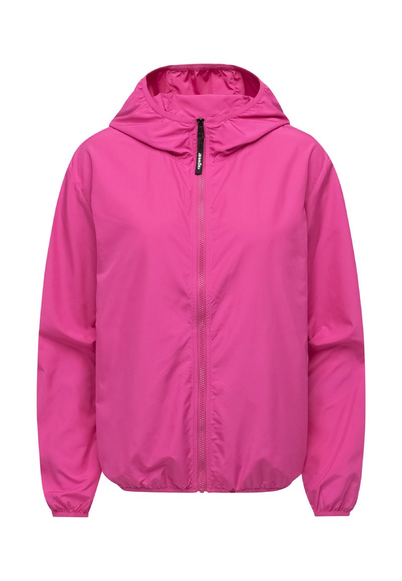 Giacca leggera rosa con cappuccio, cerniera frontale, polsini elastici e orlo con coulisse. Realizzata in tessuto liscio e resistente all'acqua.