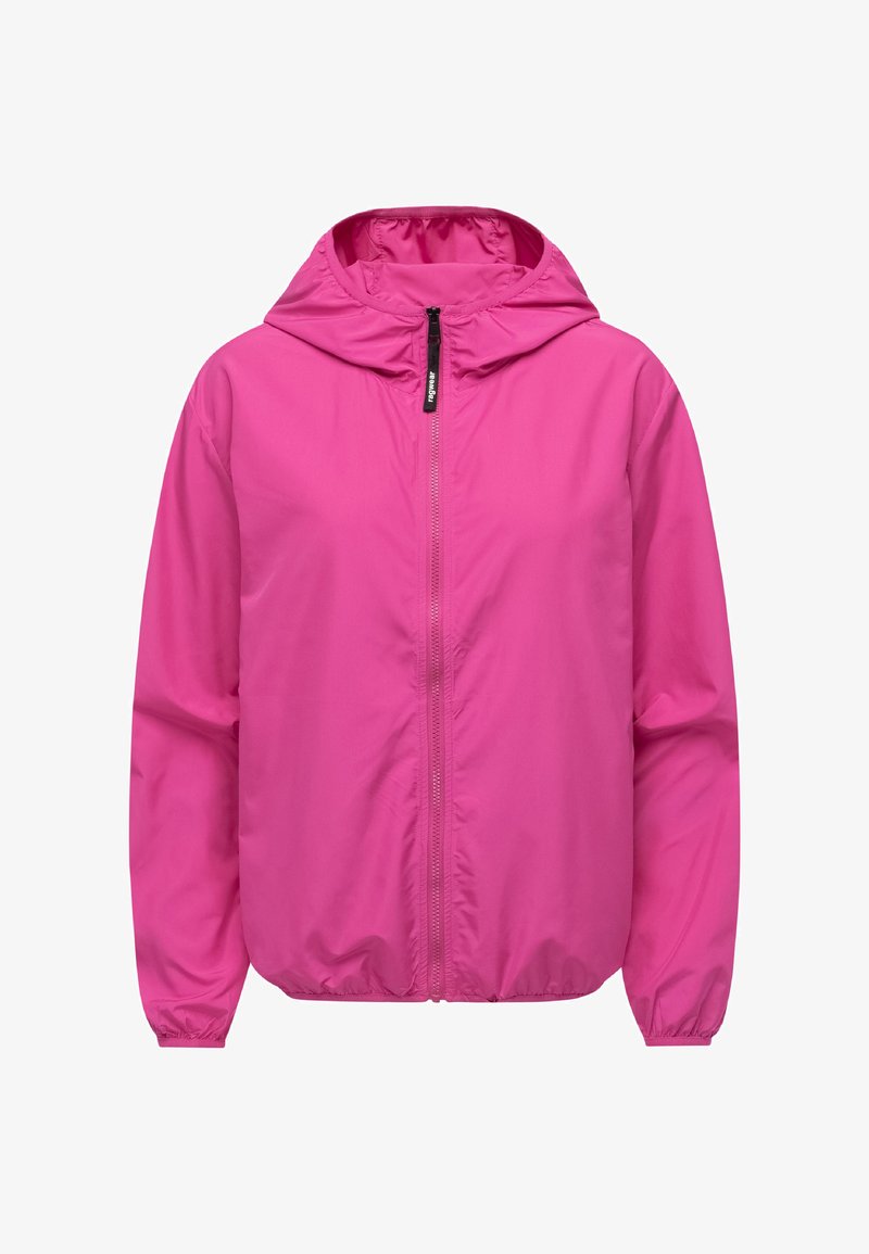 Giacca leggera rosa con cappuccio, cerniera frontale, polsini elastici e orlo con coulisse. Realizzata in tessuto liscio e resistente all'acqua.