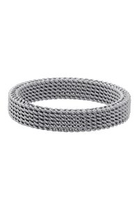 Zilveren metalen gaasring met een getextureerd, geweven ontwerp. Gladde oppervlakte met een ronde, doorlopende vorm; uniforme breedte overal.