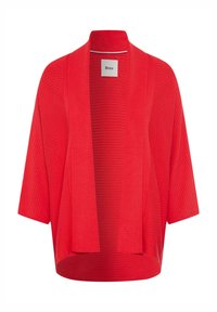 Rode open-front cardigan van gestructureerde stof, met brede mouwen, een ontspannen pasvorm en subtiele horizontale ribbels.