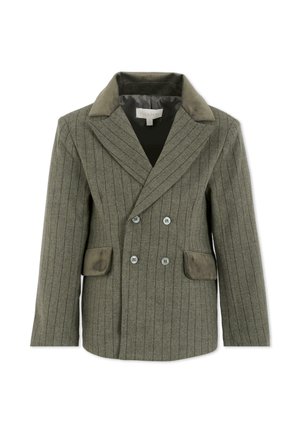 Blazer doppiopetto grigio a righe sottili con colletto e pattine delle tasche in velluto, quattro bottoni e maniche lunghe.