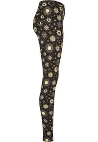 Leggings neri caratterizzati da un motivo di stelle e lune celesti dorate, realizzati in un tessuto morbido e elastico che si adatta alla forma delle gambe.