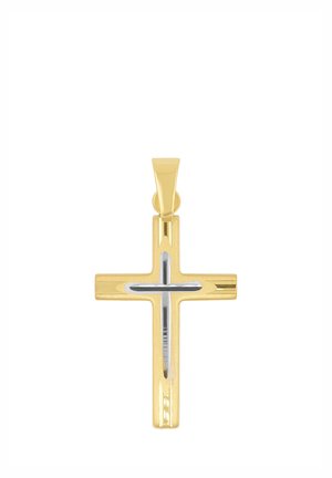 Pendentif croix en or avec une plus petite croix en argent incrustée, finition polie et une boucle en haut pour une chaîne.