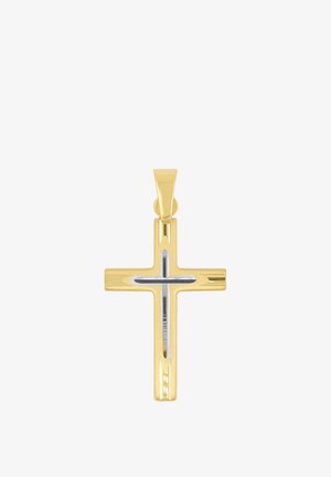 Goldener Kreuzanhänger mit einem kleineren silbernen Kreuz als Einsatz, polierte Oberfläche und eine Öse oben für eine Kette.