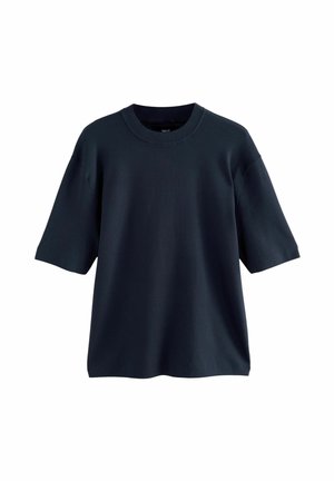 Mørkeblå T-shirt med korte ærmer lavet af blødt stof, med rund hals og afslappet pasform, glat tekstur og minimalistisk design.