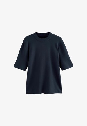 Mørkeblå T-shirt med korte ærmer lavet af blødt stof, med rund hals og afslappet pasform, glat tekstur og minimalistisk design.