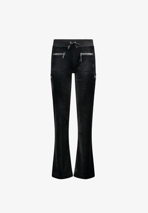 Pantaloni in tessuto morbido nero con una forma svasata, vita elastica e tasche frontali e laterali con zip. Presentano un cordino per la regolazione.