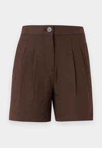 Shorts marron taille haute avec fermeture à boutons à l'avant et plis, confectionnés en tissu lisse.