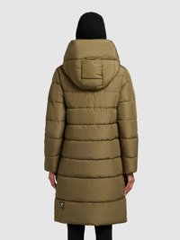 Õhukindel oliivroheline parkamantel kapuutsiga, horisontaalse tikandiga ja küljetaskutega. Alumises servas on logoga märk ja sileda tekstuuriga.