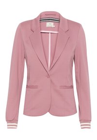 Blazer rose clair en tissu lisse, avec un col à revers cranté, deux poches avant et des accents rayés sur les poignets.
