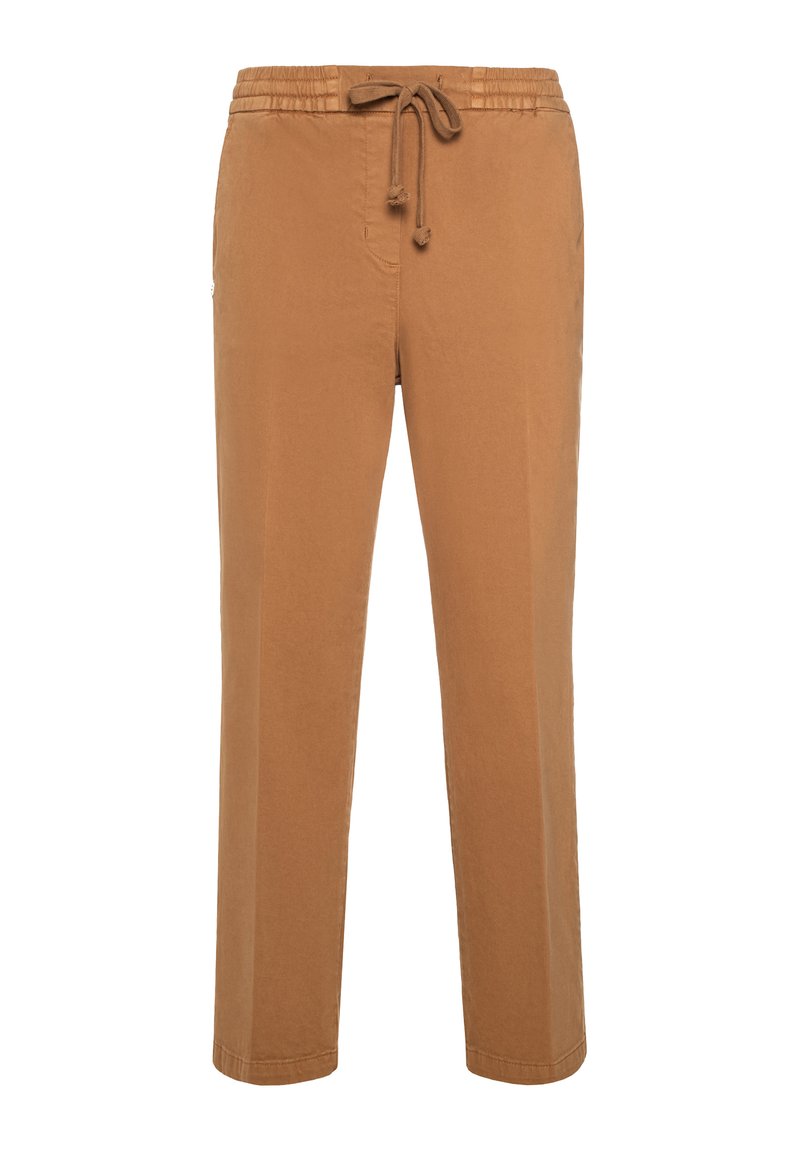 Pantalons marron clair en tissu doux, dotés d'une taille élastique avec cordon de serrage, d'une coupe droite et sans motifs visibles.