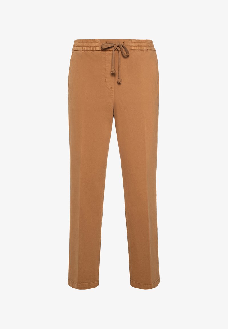 Pantalons marron clair en tissu doux, dotés d'une taille élastique avec cordon de serrage, d'une coupe droite et sans motifs visibles.