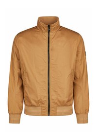 Hellbraune Bomberjacke aus glattem Stoff, mit hohem Kragen, Frontreißverschluss, seitlichen Taschen sowie gerippten Bündchen und Saum.