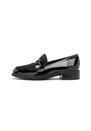 Black patent leather loafers with a textured black fabric panel, low block heel, and smooth, rounded toe design.
