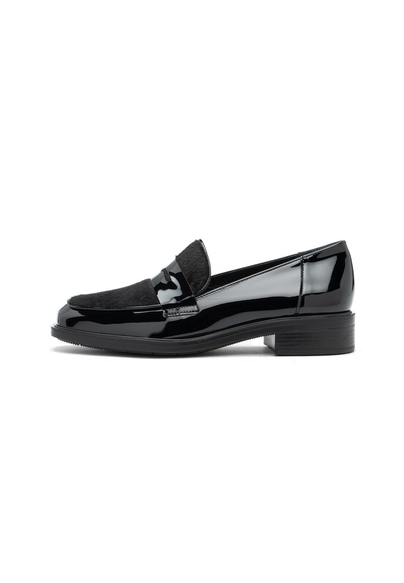 Black patent leather loafers with a textured black fabric panel, low block heel, and smooth, rounded toe design.