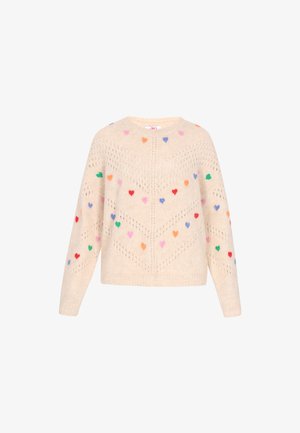 Beige pulóver mult színű szívmintákkal, chevron mintázattal és nyitott kötési struktúrával. Hosszú ujjak és bordázott szegély.