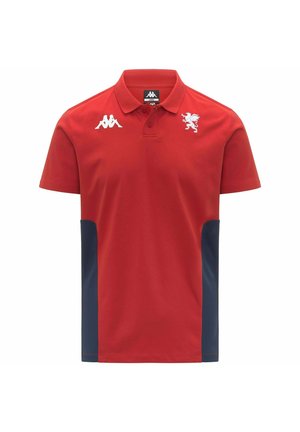 Polo rossa a maniche corte con pannelli laterali blu navy, logo Kappa bianco sul petto destro e emblema bianco del grifone sul petto sinistro.