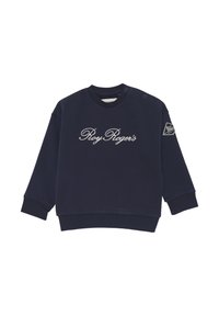 Felpa blu navy con maniche lunghe. Presenta un testo bianco ricamato "Roy Roger's" sul davanti e un'etichetta con logo sulla manica.