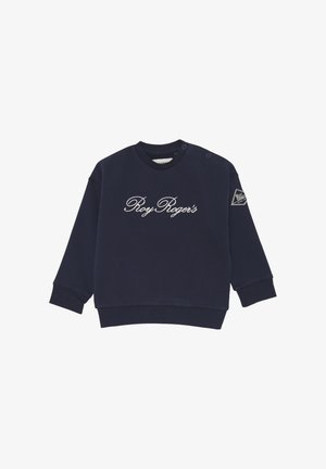 Felpa blu navy con maniche lunghe. Presenta un testo bianco ricamato "Roy Roger's" sul davanti e un'etichetta con logo sulla manica.